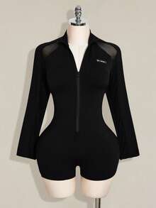 SHEIN ICON 大码女式网纱拼接紧身连体裤 - 黑色 - 查看 3