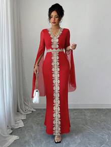 SHEIN Raffinéa 女士优雅蕾丝拼接V领开衩修身鱼尾连衣裙 - 紅色 - 查看 5