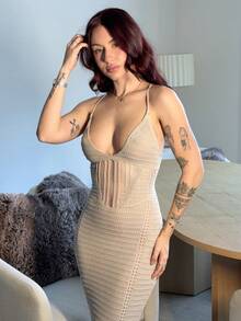 Abrilcols Elegant Deep V-Neck Hollow Out Spaghetti Strap Back Tie Backless Slim Summer Crochet Dress - Khaki - View 3