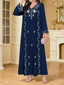 SHEIN Najma Women's Retro Floral & Botanical Digital Print V-Neck Long Sleeve Elegant Arabic Style Dress, Spring/Summer - Multicolor - View 3