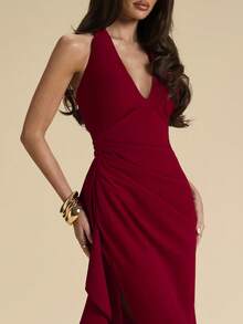 SHEIN BAE Spring/Summer Bridesmaid Dress, Party Gown, Deep V-Neck Halter Ruffle High Slit Ruffled Wrap Long Red For Women, Elegant Maxi - Burgundy - View 7