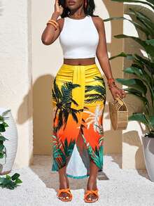 Slaydiva 春夏新款音乐节复活节波西米亚西部纳什维尔生日派对毕业学生日常休闲百搭休闲邮轮旅行海滩日光浴爆款热带印花海滨度假村分体不对称下摆棕榈树女士套装 - 白色 - 查看 3