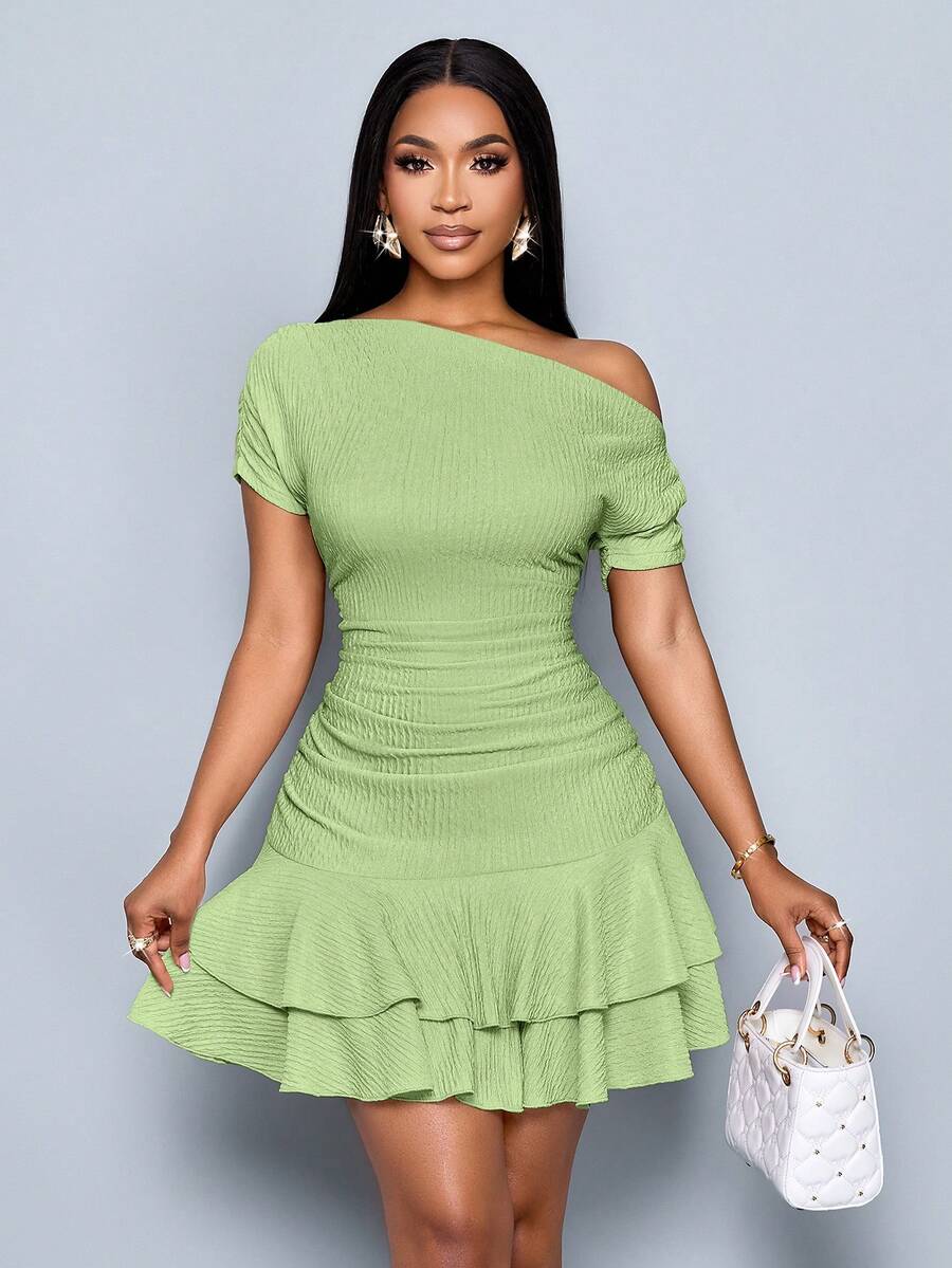 SOLERSUN Women's Elegant Party Daytime Apricot Knitted Asymmetrical Neck Neck Long Sleeves Gathered Double Ruffle Mini Dress - Green - View 1