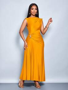 YkhahaYkhahaSOLERSUN Vestido elegante de mujer con decoración de metal de unicolor, ajuste delgado, adecuado para el uso diario, compras, fiestas y reunionesYkhahaYkhaha - Naranja - Ver 3