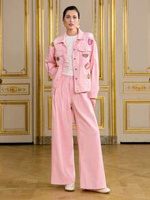 LOTSLUV Women's Pink Washed Distressed Denim Jacket With Cute Cartoon Patches - Pink - View 5