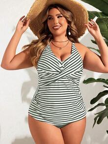 Swim Lushoire Plus Size Camisole Style Bikini Top, Fashionable For Summer - Army Green - View 1