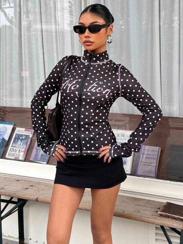 Muchica Women's Polka Dot Print Decorative Stitching Slim Fit Lightweight Jacket For Going Out Outfits, Streetwear, Y2K Clothes, Pokadot Top,Spring Outfits