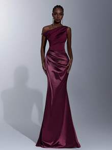 Elitara Vestido de cola de pez con decoración de hebilla metálica, hombro asimétrico, satén con brillo metálico burdeos, adecuado para bodas, eventos formales, damas de honor, fiestas de cóctel - Burdeos - Ver 2