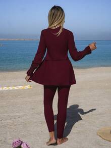 Swim Mulvari Women's Ivory Elegant Ruched Flounce Elastic Waist Flare Sleeve Dress + Pants Beach Swimsuit, Spring/Summer - Red - View 2