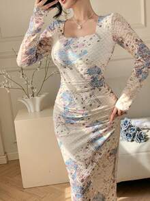 DAZY Vestido midi elegante de manga larga con cuello cuadrado y estampado total para invitada de boda - Beis - Ver 2
