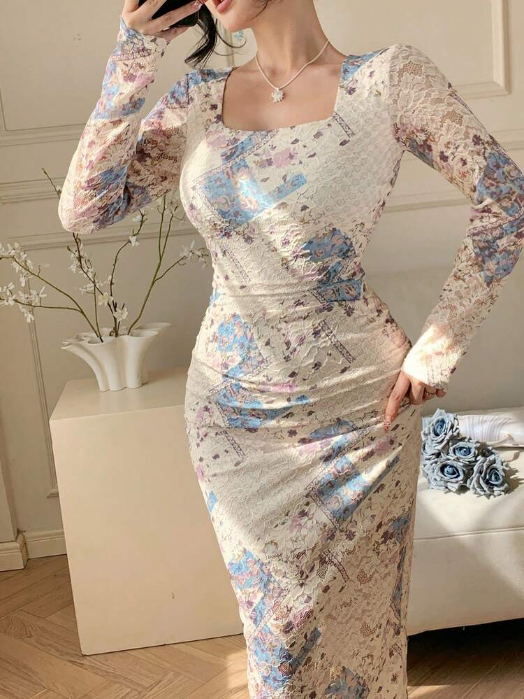Women's Allover Print Square Neck Fitted Elegant Long Sleeve Midi Dress Wedding Guest Dress Sundress