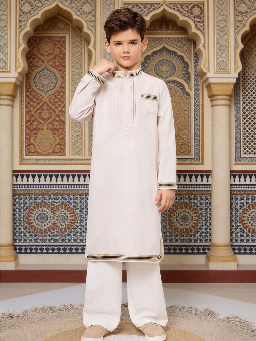 SHEIN 男童休闲日常舒适圆领半开襟长款纯色衬衫 - 杏色 - 查看 1