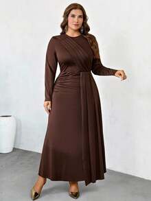 Firerie Đầm dài tay thanh lịch dành cho nữ cỡ lớn, kiểu dáng bất đối xứng, bèo nhún vai, eo chun, thích hợp cho mùa xuân, hè, thu và đông. - màu nâu - Xem 4