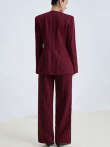 Ciel Poise Bộ vest kiểu cổ điển màu đỏ rượu vang kẻ sọc, không cổ, vai rộng và quần ống đứng, trang phục công sở chuyên nghiệp. - Màu Đỏ Sâu - Xem 3