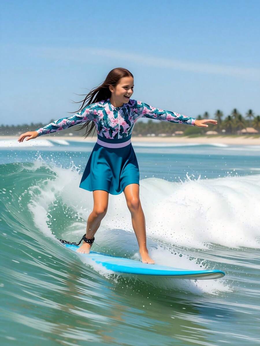 1pc Women's Long Sleeve One-Piece Printed Patchwork Color Snug Fit Swimsuit, Suitable For Hot Spring Tween Girl Two Piece Swimsuit Tween Girl Full Coverage Swimsuit Swimsuits For Tween Girls Long Sleeved Swimsuit With Skirt Tween Girl Clothes Swimsuits For Tween Girls With Skirt Teen Girl Two Piece Set Baiting Suit Swimsuits For Tween Girls Long Sleeved And With Skirt Tween Girl Clothes Cropped Floral Swimsuit Tween Girl Swimsuit - Multicolor - View 1