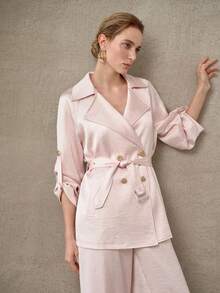 MOTF PREMIUM SATIN SOLID LAPEL COLLAR DOUBLE BREASTED PLACKET ROLL TAB SLEEVE BUCKLE BELTED COAT - Pink - View 4