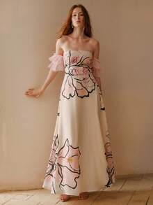 MOTF PREMIUM 女士碎花露肩收腰连衣裙 - 杏色 - 查看 4