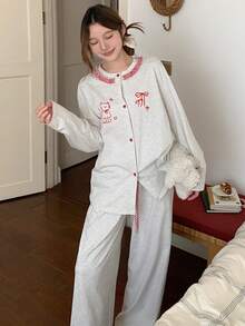 DAZY 2pcs Women Cat & Plaid Print Loose Cardigan Long Sleeve & Pants Pajama Set, Autumn - White - View 5