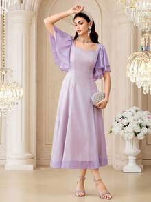 Modelyn Đầm midi tay bồng màu trơn thanh lịch dành cho nữ, thích hợp cho các buổi tiệc và họp mặt. - Màu tím - Xem 2