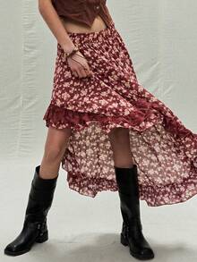 SoleilVie Women's Burgundy Floral Patchwork Lace Asymmetrical Hem Long Skirt,Summer Boho Vacation Style Western Free People Floral Print Skirts - Red - View 1
