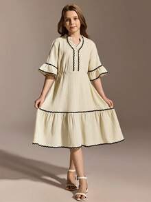 Tween Girls' Summer Casual Vacation Notch Neck Contrast Wave Tape Trim Ruffle Sleeve Waist Tie Dress - Apricot - View 1