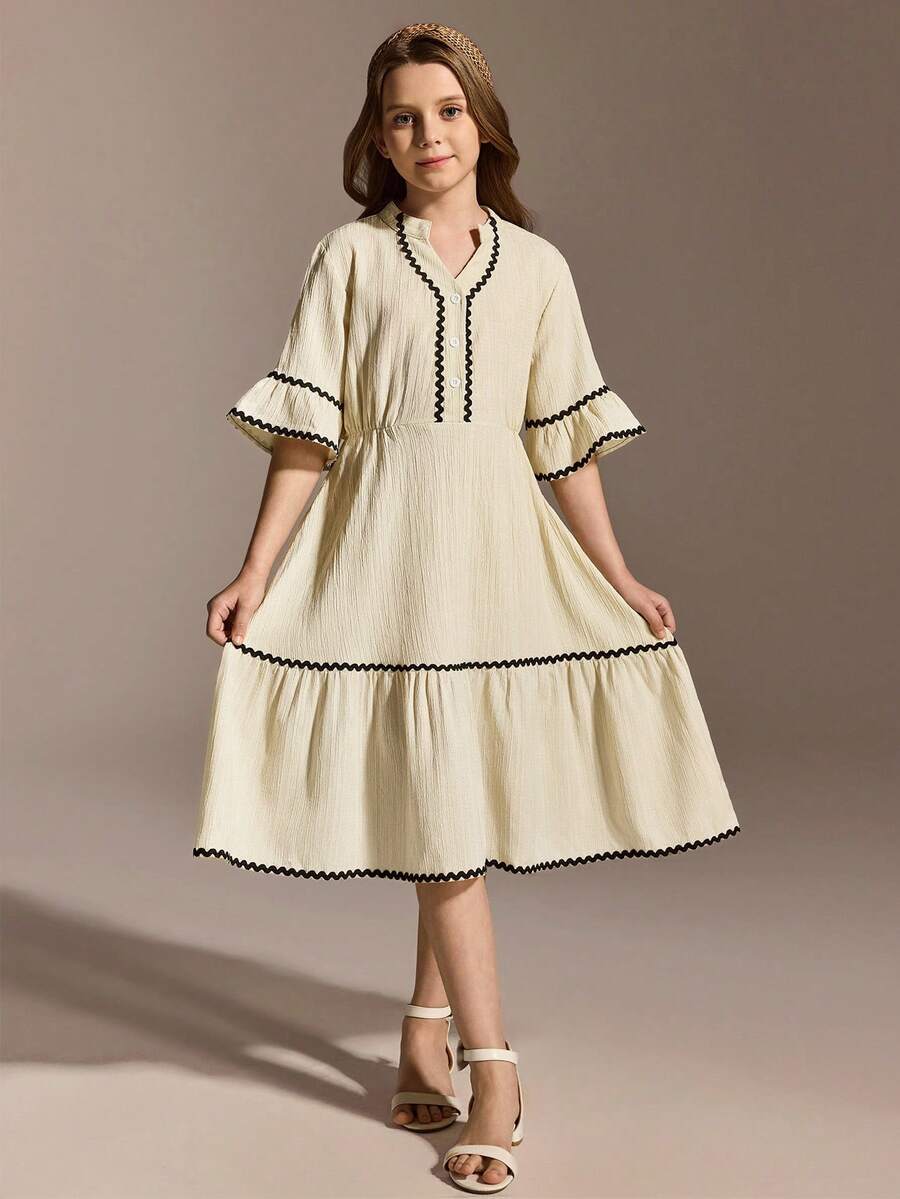 Tween Girls' Summer Casual Vacation Notch Neck Contrast Wave Tape Trim Ruffle Sleeve Waist Tie Dress - Apricot - View 1