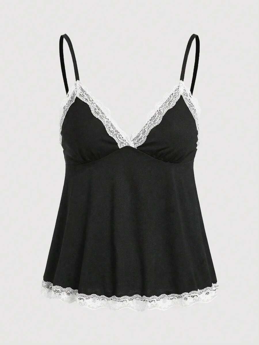 ROMWE Fairycore 撞色蕾丝拼接优雅时尚吊带背心 - 黑色 - 查看 1