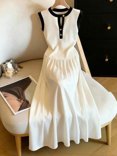 GlowEve CURVE 大码优雅撞色滚边钥匙孔领无袖连衣裙，夏季