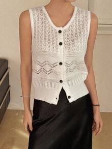 DAZY Top corto casual de mujer de cuello redondo sin mangas de punto texturizado para verano - Blanco - Ver 7