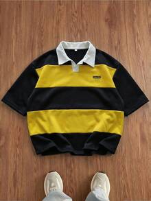 AXEPEAK Kemeja Polo Pria Lengan Pendek Longgar Kasual, Warna Solid dengan Kerah Kontras dan Patchwork, Kemeja Pria Blok Warna Gaya Retro - Kuning - View 2