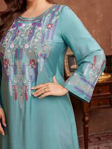 Al Najma 大码女士宽松舒适阿拉伯风格刺绣连衣裙 - 薄荷綠 - 查看 1