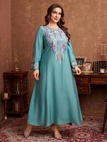Al Najma 大码女士宽松舒适阿拉伯风格刺绣连衣裙 - 薄荷綠 - 查看 6