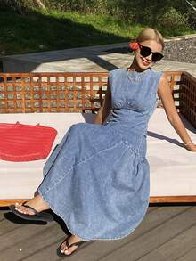 DAZY Women's Summer Round Neck Sleeveless Asymmetric Hem Vacation Washed Denim Dress - Medium Wash - View 6