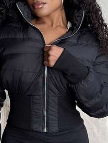 Tyla Gomez Zip Up Fuzzy Trim Hooded Crop Puffer Black Coat In Fall/Winter - Black - View 5