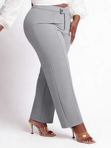 CurvyTilda 大碼高腰接縫細節長褲 - 灰色 - 查看 3