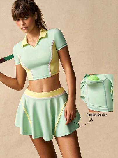 VARSIVA 女士撞色露脐上衣和迷你裙短裤运动套装