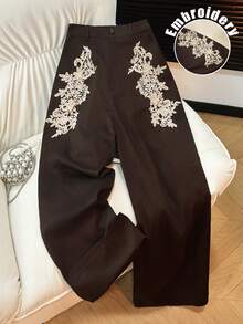 Franclia Pantalon large à imprimé floral foncé brodé pour femmes grandes tailles - Marron - Voir 3