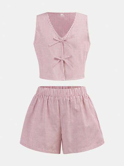 Girlism Tween Girls' Summer Casual Striped Bow Decor Tank Top And Shorts Set