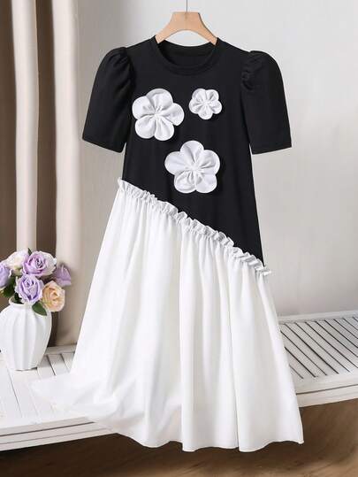 少女优雅撞色花卉装饰无袖连衣裙，夏季