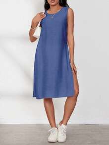 EMERY ROSE Camisa sin mangas casual de mujer con botones laterales, para verano - Azul Marino - Ver 5