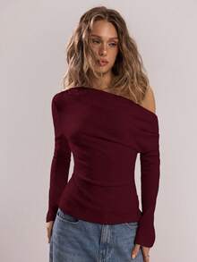SHEIN BAE 女士纯色简约斜肩长袖上衣，日常穿着 - 酒紅色 - 查看 6
