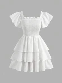 SHEIN Teen Girl Casual Vacation White Textured Square Neck Cap Sleeve Layered Ruffle Hem A-Line Dress - White - View 2
