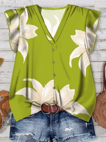 SHEIN LUNE Camisa casual con cuello en V y estampado floral con botones, adecuada para el verano