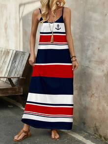 EMERY ROSE 女士舒适弹力针织海军蓝条纹红蓝撞色休闲度假长裙，适合夏季穿着，女士休闲连衣裙，时尚连衣裙 - 彩色 - 查看 3