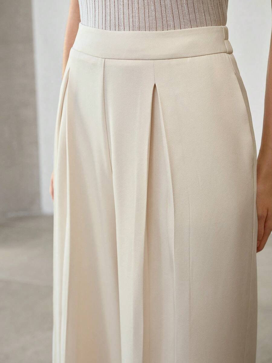 MOTF PREMIUM 女士纯色褶裥阔腿办公西装裤 - 米色 - 查看 2