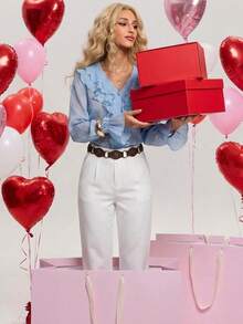 Amorya Áo kiểu nữ mùa xuân mới thanh lịch cổ chữ V tay dài viền bèo nhún chất liệu vải dệt họa tiết màu xanh tươi mát thoải mái, trang phục lễ hội, trang phục ngày Valentine, trang phục đi biển mùa hè, áo kiểu nữ thời trang. - Màu xanh lam - Xem 10