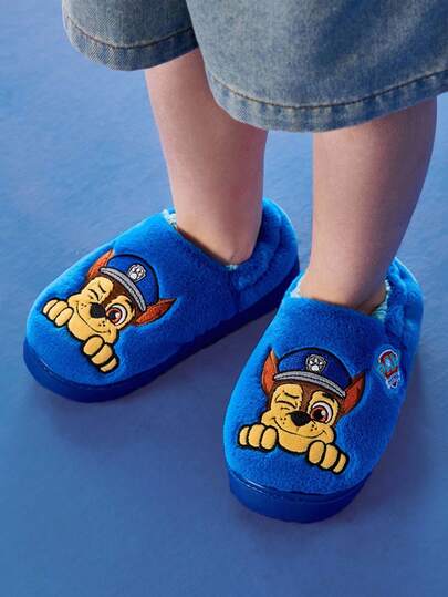 SHEIN | PAW Patrol 可爱刺绣追逐卡通追逐蓝色男童儿童防滑室内松紧带拖鞋幼儿和儿童柔软毛绒保暖家居鞋，轻便耐用的 EVA 鞋底，男女通用女孩居家卧室空调房，春秋冬季，狗狗