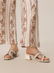 Styleloop Women's Square Toe Casual High Heel Slide Sandals - Apricot - View 2