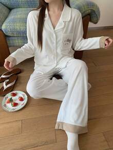 DAZY 2pcs/Set Women Bow Tie & Puppy Embroidery Loose Cardigan Long Sleeve & Pants Pajama Set, Autumn/Winter - White - View 8