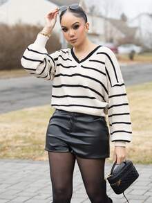 Melissa Matos 系带后落肩背带毛衣女士休闲条纹结后落肩长袖毛衣秋季毛衣保暖衣服冬季毛衣女士毛衣，长袖上衣 - 彩色 - 查看 5